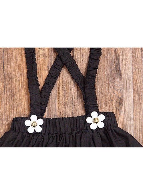 Campus Style Cotton Pleated Ruffled Doll Neckline Black Strap Pearl Decoration Children Lolita Kids Cute Dress Set 