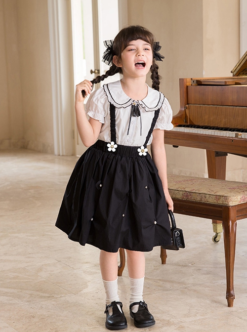 Campus Style Cotton Pleated Ruffled Doll Neckline Black Strap Pearl Decoration Children Lolita Kids Cute Dress Set