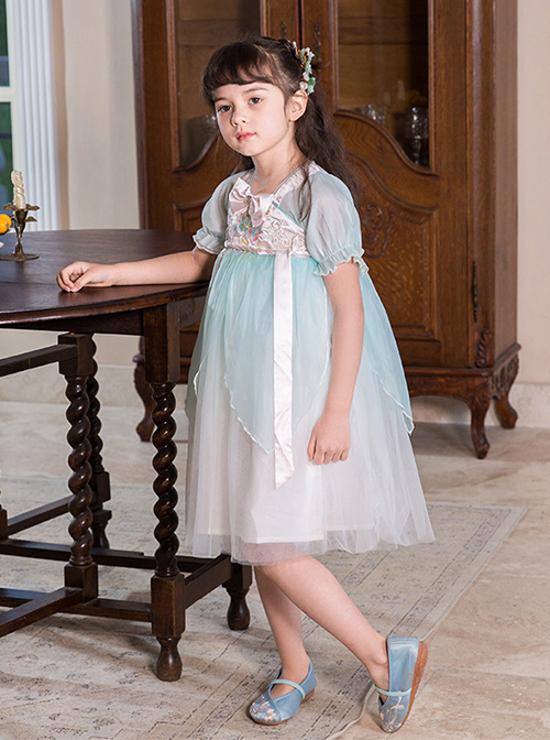 Chinese Style Cute Delicate Flower Embroidery Decoration Light Green Mesh Children Lolita Kids Short Sleeve Dress