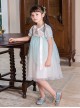 Chinese Style Cute Delicate Flower Embroidery Decoration Light Green Mesh Children Lolita Kids Short Sleeve Dress