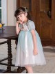 Chinese Style Cute Delicate Flower Embroidery Decoration Light Green Mesh Children Lolita Kids Short Sleeve Dress