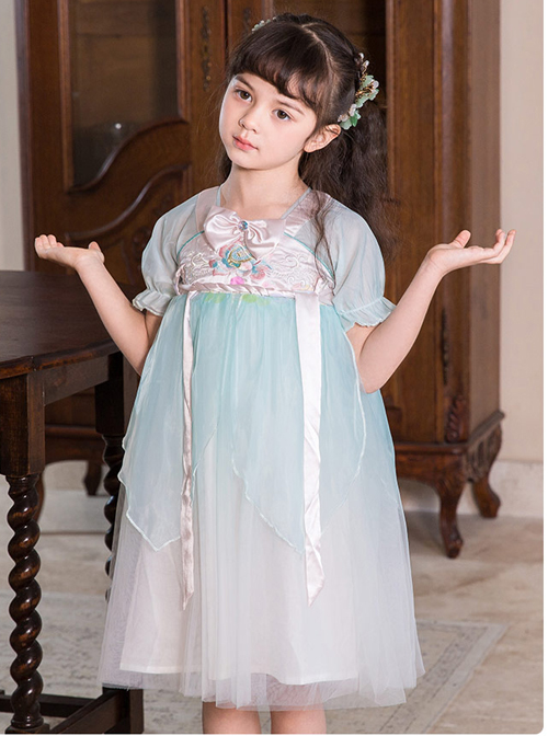 Chinese Style Cute Delicate Flower Embroidery Decoration Light Green Mesh Children Lolita Kids Short Sleeve Dress