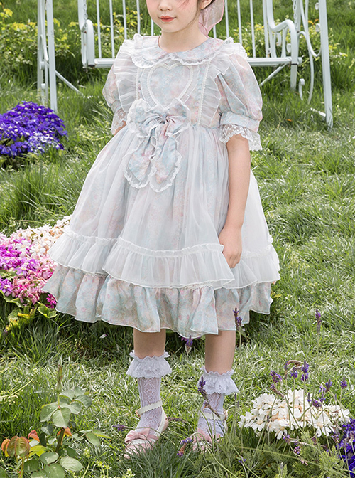 Blue Pink Pleated Lace Mesh Heart Shape Design Pleated Bow Knot Children Lolita Kids Short Sleeve Dress