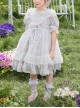 Blue Pink Pleated Lace Mesh Heart Shape Design Pleated Bow Knot Children Lolita Kids Short Sleeve Dress