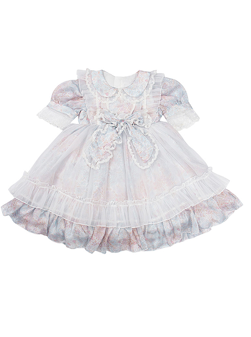 Blue Pink Pleated Lace Mesh Heart Shape Design Pleated Bow Knot Children Lolita Kids Short Sleeve Dress