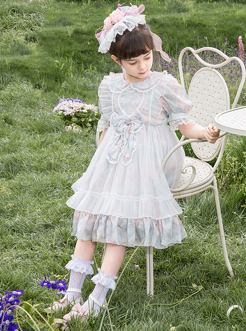 Blue Pink Pleated Lace Mesh Heart Shape Design Pleated Bow Knot Children Lolita Kids Short Sleeve Dress