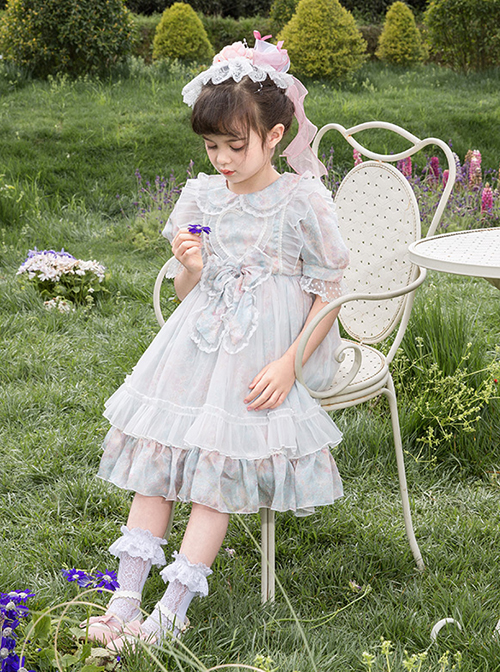 Blue Pink Pleated Lace Mesh Heart Shape Design Pleated Bow Knot Children Lolita Kids Short Sleeve Dress