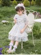 Blue Pink Pleated Lace Mesh Heart Shape Design Pleated Bow Knot Children Lolita Kids Short Sleeve Dress