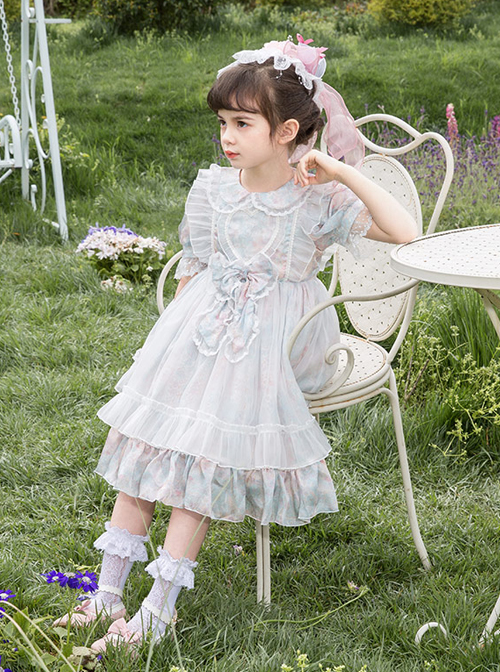 Blue Pink Pleated Lace Mesh Heart Shape Design Pleated Bow Knot Children Lolita Kids Short Sleeve Dress