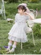 Blue Pink Pleated Lace Mesh Heart Shape Design Pleated Bow Knot Children Lolita Kids Short Sleeve Dress