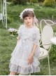 Blue Pink Pleated Lace Mesh Heart Shape Design Pleated Bow Knot Children Lolita Kids Short Sleeve Dress