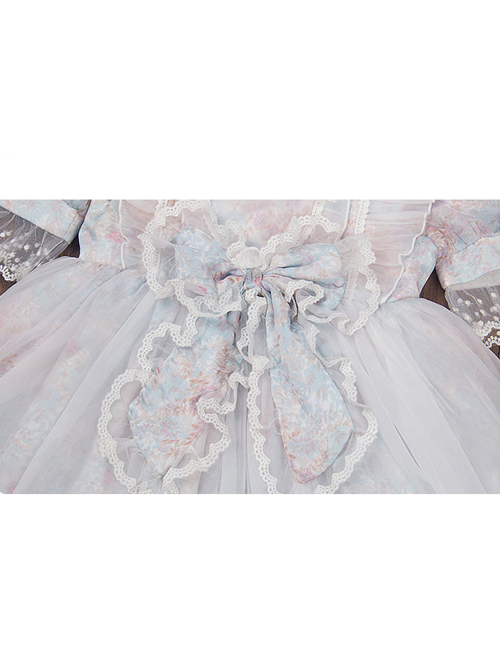 Blue Pink Pleated Lace Mesh Heart Shape Design Pleated Bow Knot Children Lolita Kids Short Sleeve Dress