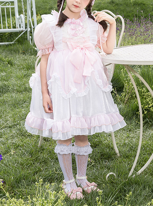 Cute Lotus Leaf Collar Pink Bow Decoration Double Pleated Hem Children Lolita Kids Puff Sleeve Dress