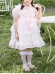 Cute Lotus Leaf Collar Pink Bow Decoration Double Pleated Hem Children Lolita Kids Puff Sleeve Dress