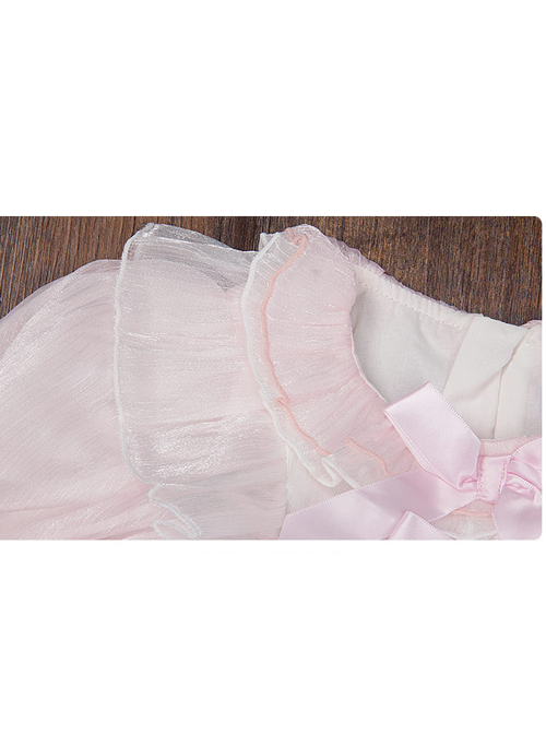 Cute Lotus Leaf Collar Pink Bow Decoration Double Pleated Hem Children Lolita Kids Puff Sleeve Dress