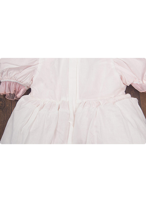 Cute Lotus Leaf Collar Pink Bow Decoration Double Pleated Hem Children Lolita Kids Puff Sleeve Dress