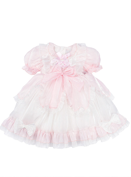 Cute Lotus Leaf Collar Pink Bow Decoration Double Pleated Hem Children Lolita Kids Puff Sleeve Dress