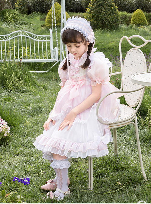 Cute Lotus Leaf Collar Pink Bow Decoration Double Pleated Hem Children Lolita Kids Puff Sleeve Dress