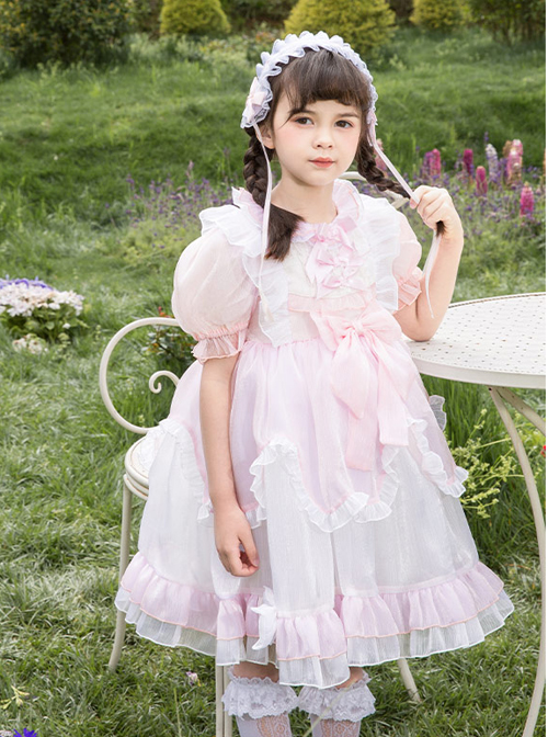 Cute Lotus Leaf Collar Pink Bow Decoration Double Pleated Hem Children Lolita Kids Puff Sleeve Dress