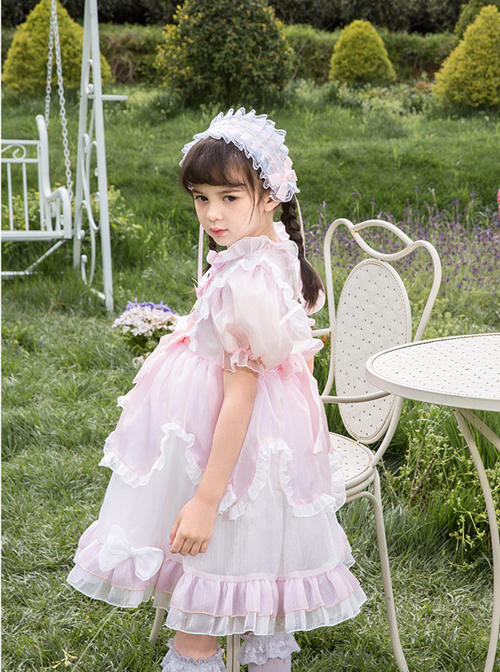 Cute Lotus Leaf Collar Pink Bow Decoration Double Pleated Hem Children Lolita Kids Puff Sleeve Dress