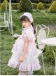 Cute Lotus Leaf Collar Pink Bow Decoration Double Pleated Hem Children Lolita Kids Puff Sleeve Dress