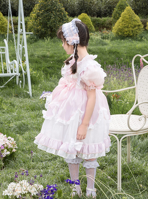 Cute Lotus Leaf Collar Pink Bow Decoration Double Pleated Hem Children Lolita Kids Puff Sleeve Dress