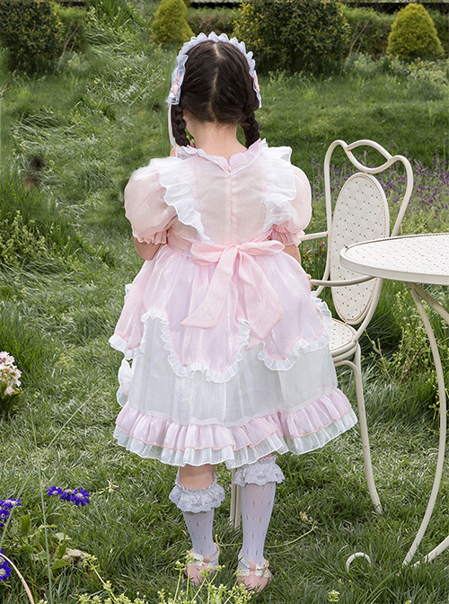 Cute Lotus Leaf Collar Pink Bow Decoration Double Pleated Hem Children Lolita Kids Puff Sleeve Dress