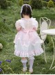 Cute Lotus Leaf Collar Pink Bow Decoration Double Pleated Hem Children Lolita Kids Puff Sleeve Dress