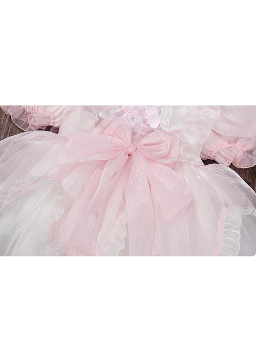 Cute Lotus Leaf Collar Pink Bow Decoration Double Pleated Hem Children Lolita Kids Puff Sleeve Dress