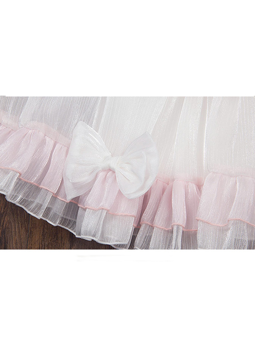 Cute Lotus Leaf Collar Pink Bow Decoration Double Pleated Hem Children Lolita Kids Puff Sleeve Dress