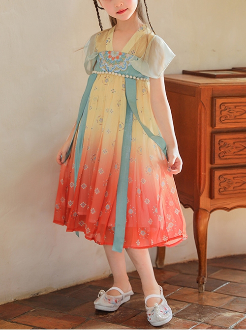 Chinese Style Flowy Vintage Silk Streamers Exquisite Embroidery Pearl Decoration Gradient Hem Kids Dress