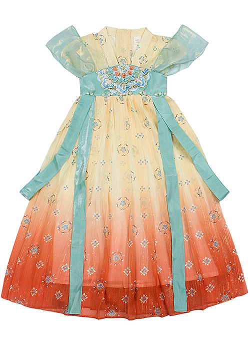 Chinese Style Flowy Vintage Silk Streamers Exquisite Embroidery Pearl Decoration Gradient Hem Kids Dress