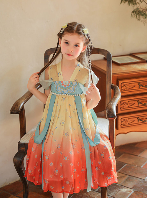 Chinese Style Flowy Vintage Silk Streamers Exquisite Embroidery Pearl Decoration Gradient Hem Kids Dress