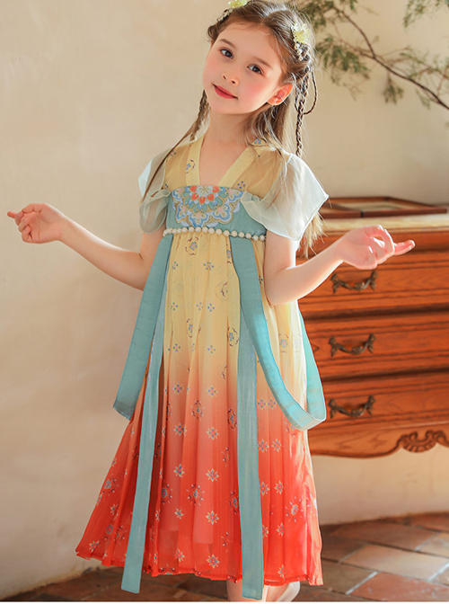 Chinese Style Flowy Vintage Silk Streamers Exquisite Embroidery Pearl Decoration Gradient Hem Kids Dress