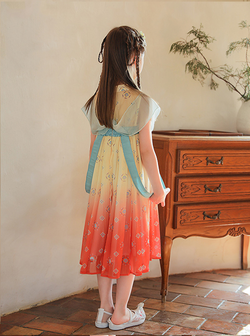 Chinese Style Flowy Vintage Silk Streamers Exquisite Embroidery Pearl Decoration Gradient Hem Kids Dress