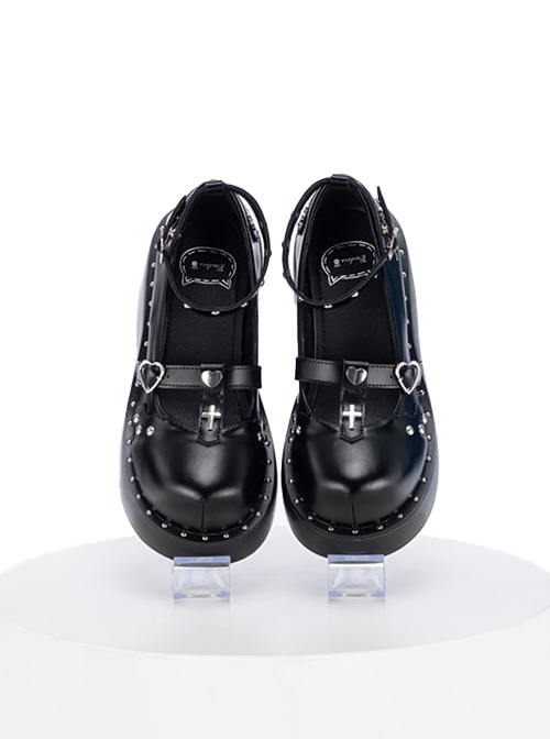 Punk Sweetheart Gothic Style Belt Heart Shape Buckle Design Metal Round Nail Decoration Solid Color Platform Shoes