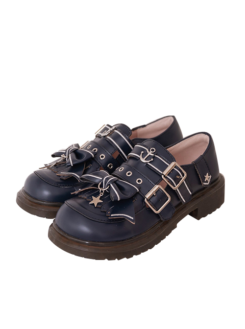 Navy Style Design Sweet Japanese Style Metal Star Shape Design Bow Knot Classic Lolita Small Leather Shoes