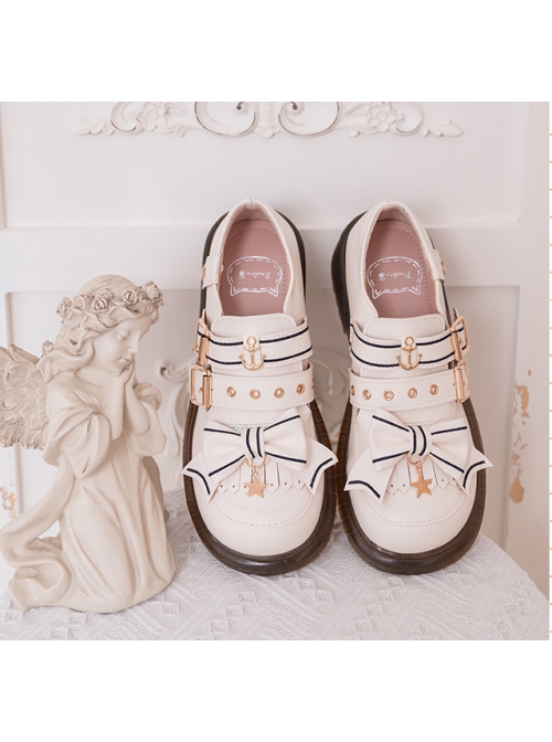 Navy Style Design Sweet Japanese Style Metal Star Shape Design Bow Knot Classic Lolita Small Leather Shoes