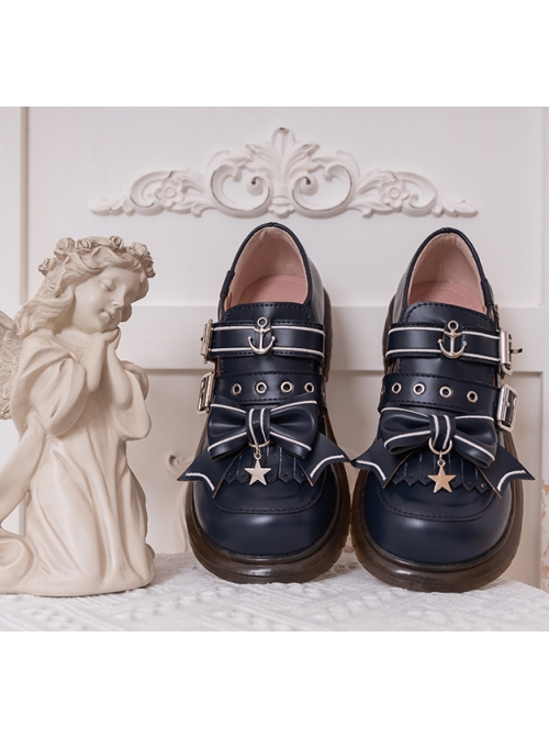 Navy Style Design Sweet Japanese Style Metal Star Shape Design Bow Knot Classic Lolita Small Leather Shoes