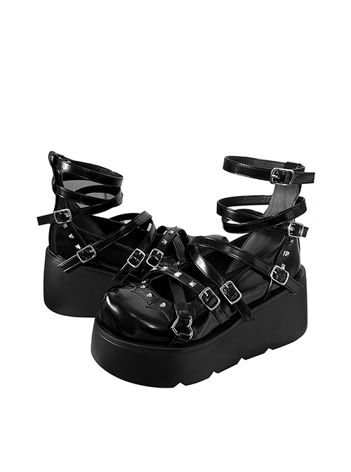 Luster Solid Color Round Head Multi-Layer Cross Strap Design Metal Rivet Decoration Gothic Style Shallow Mouth Platform Shoes