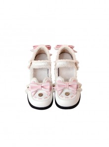 Plus Fluff Cute Bear Shape Bow Knot Button Decoration Lolita Girl Low Heel Lace-Up Shoes