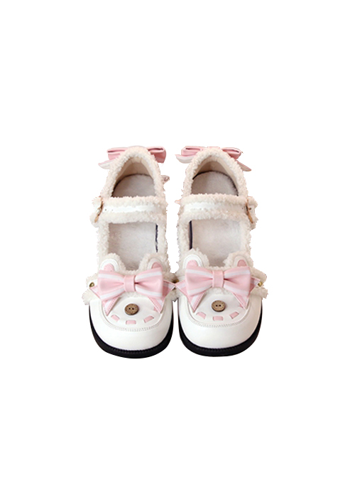 Plus Fluff Cute Bear Shape Bow Knot Button Decoration Lolita Girl Low Heel Lace-Up Shoes