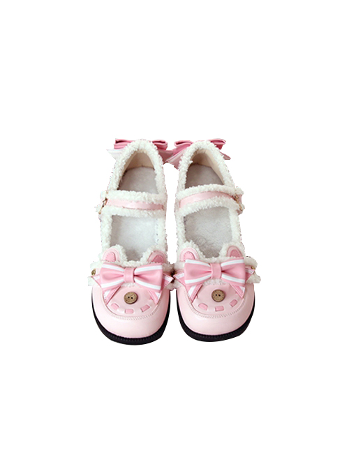 Plus Fluff Cute Bear Shape Bow Knot Button Decoration Lolita Girl Low Heel Lace-Up Shoes