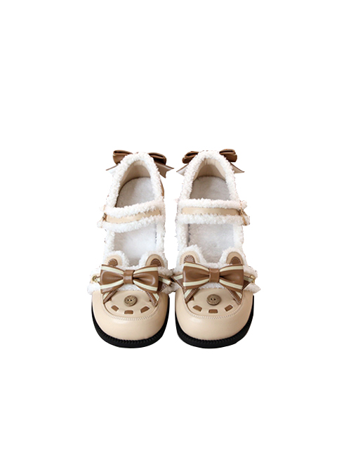 Plus Fluff Cute Bear Shape Bow Knot Button Decoration Lolita Girl Low Heel Lace-Up Shoes