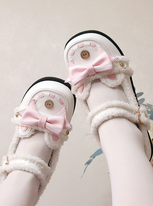 Plus Fluff Cute Bear Shape Bow Knot Button Decoration Lolita Girl Low Heel Lace-Up Shoes