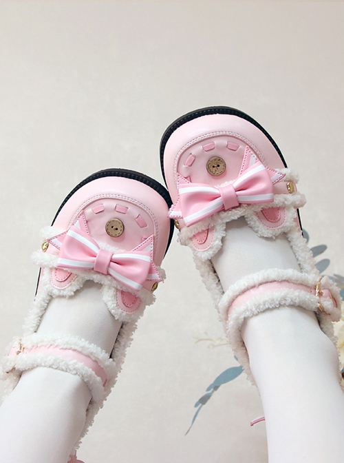 Plus Fluff Cute Bear Shape Bow Knot Button Decoration Lolita Girl Low Heel Lace-Up Shoes