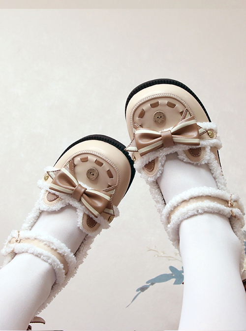 Plus Fluff Cute Bear Shape Bow Knot Button Decoration Lolita Girl Low Heel Lace-Up Shoes