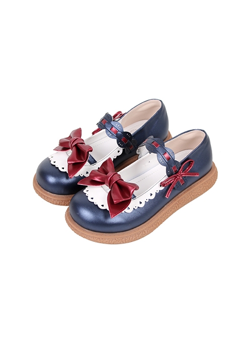 Round Head Two-Color Matching Hollow Shape Design Cute Bow Knot Lolita Buckle Flat Shoes
