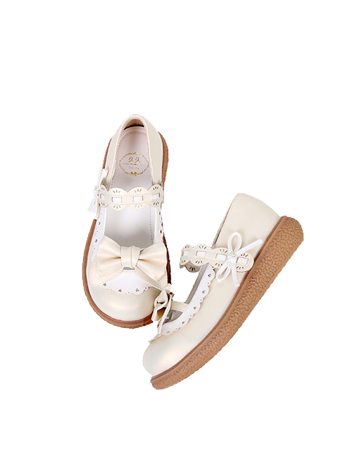 Round Head Two-Color Matching Hollow Shape Design Cute Bow Knot Lolita Buckle Flat Shoes