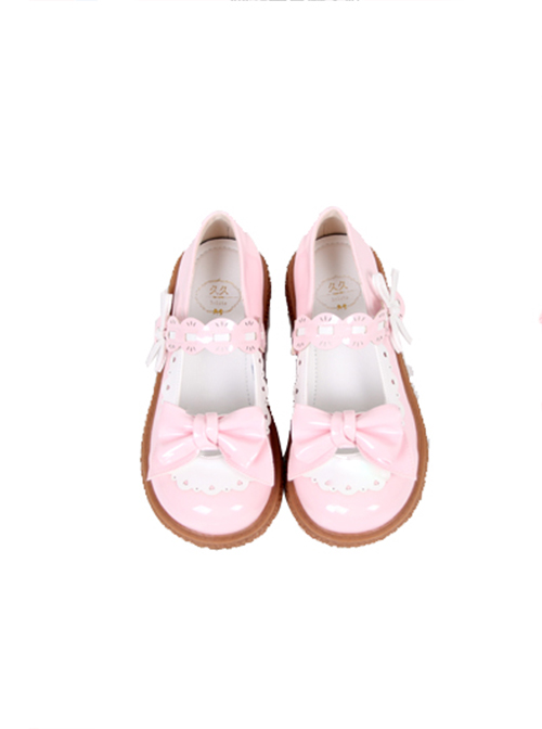 Round Head Two-Color Matching Hollow Shape Design Cute Bow Knot Lolita Buckle Flat Shoes